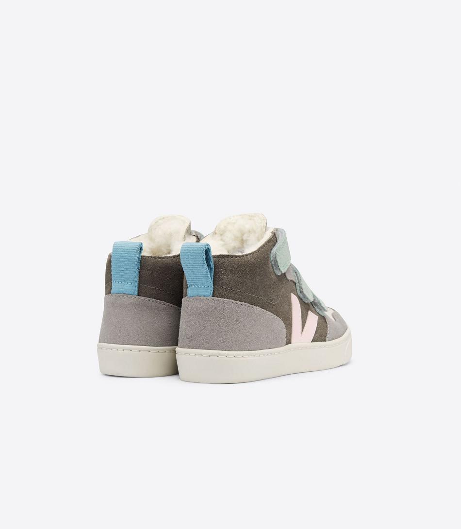 Veja V-10 Mid Fured Semsket Skinn Multico Moonrock Kids Outlet Grå | NOEGJ33778