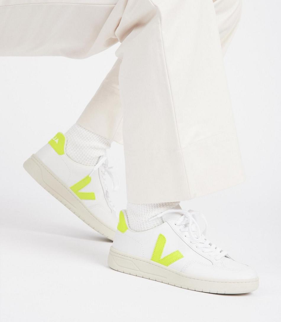 Veja V-12 Lær Jaune Fluo Adults Outlet Hvite | ZNOMJ85282